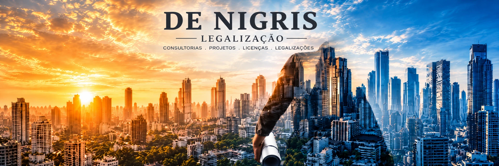 De Nigris Legalização — skyline urbano com a marca da empresa